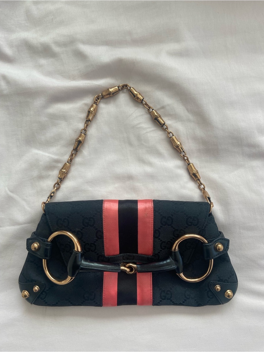 Gucci Black Horsebit Shoulder Bag with Pink Stripes and Brass Hardware